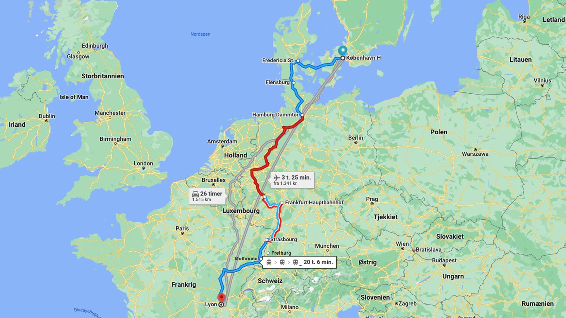 Google Maps rutevejledning med tre forskellige ruter (fly, tog, bil) på samme kort. 