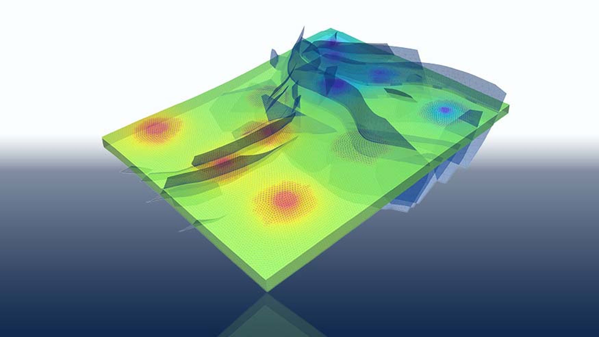 Figuren viser en simulering af fordelingen af væsketrykket ved injektion af CO2 i et offshore olie- og gasfelt i Den Mexicanske Golf. 