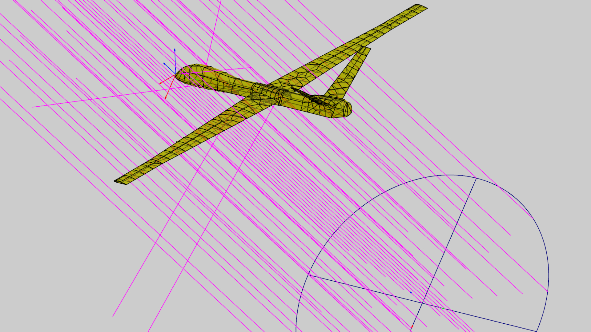 Screenshot fra et computersoftware, der viser en model af en Predator-drone med lige linjer, der viser, hvordan den bliver opfanget af en radar.